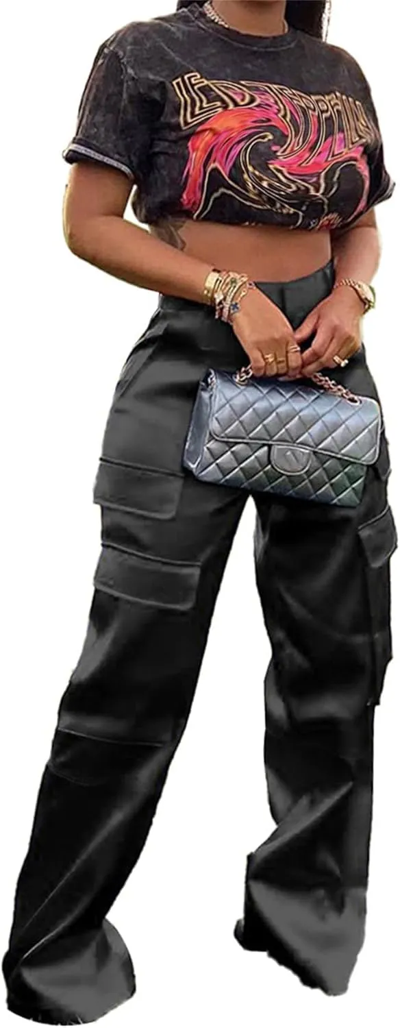 Women's Satin Cargo Wide Leg Pants High Waisted Relaxed Casual Multi Pocketed Straight Leg Trouser