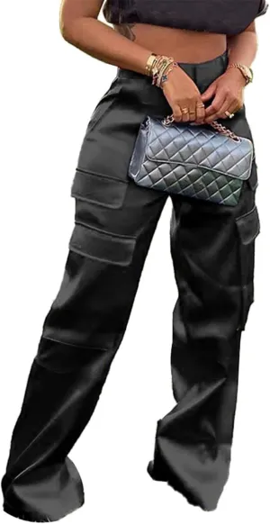 Women's Satin Cargo Wide Leg Pants High Waisted Relaxed Casual Multi Pocketed Straight Leg Trouser