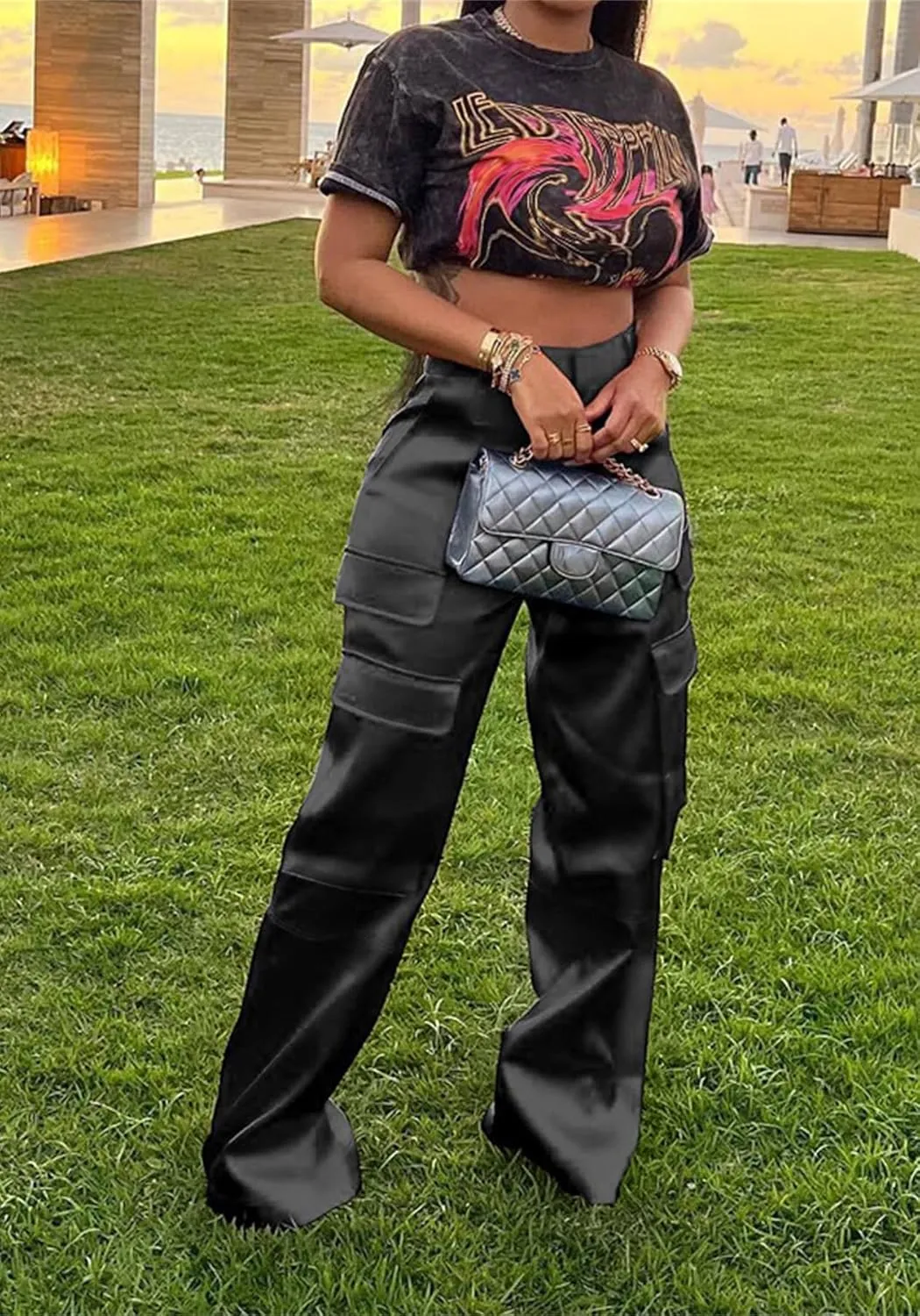Women's Satin Cargo Wide Leg Pants High Waisted Relaxed Casual Multi Pocketed Straight Leg Trouser