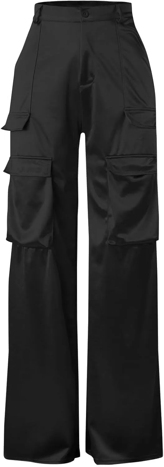Women's Satin Cargo Wide Leg Pants High Waisted Relaxed Casual Multi Pocketed Straight Leg Trouser
