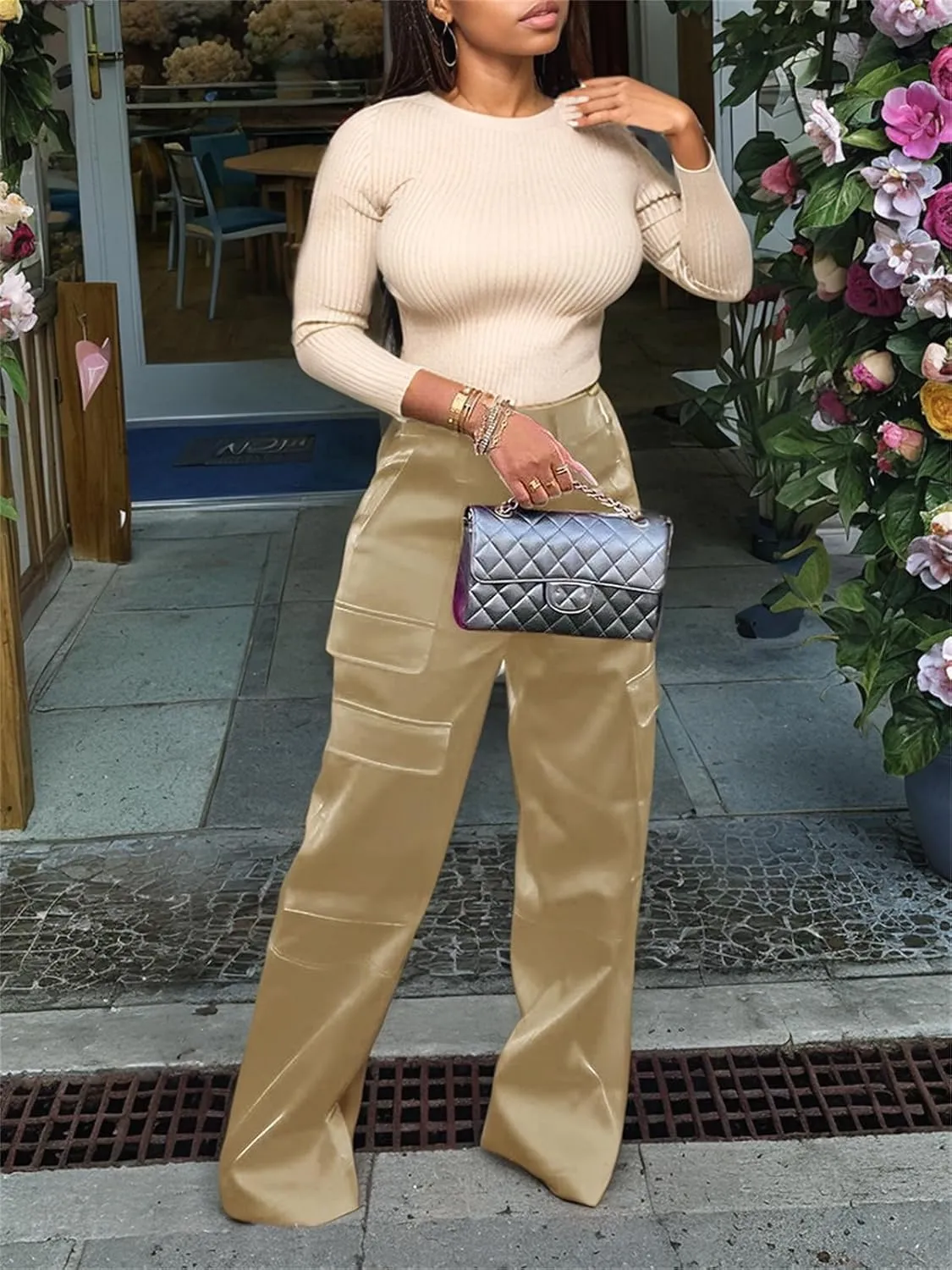 Women's Satin Cargo Wide Leg Pants Silky Dressy Relaxed Casual Pocketed Long Trouser
