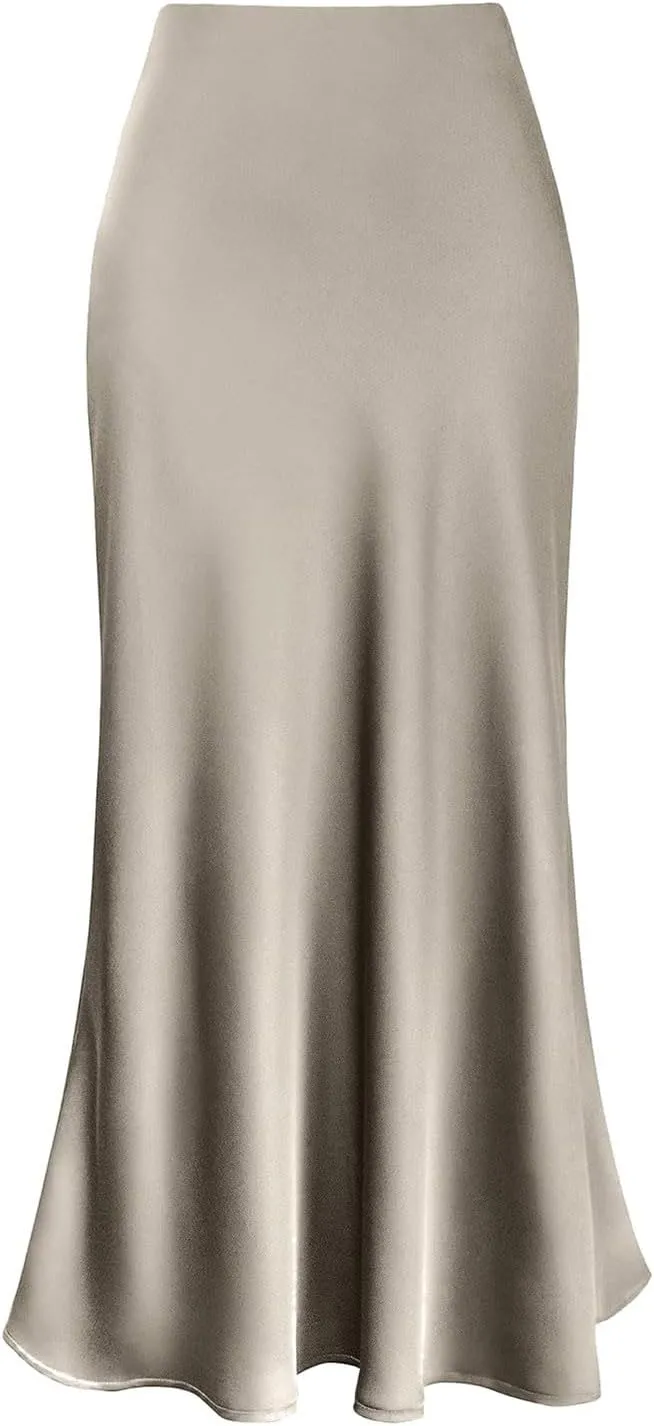 Women's Satin High Waisted Maxi Skirts Hidden Elasticized Waistband Elegant A Line Long Skirt