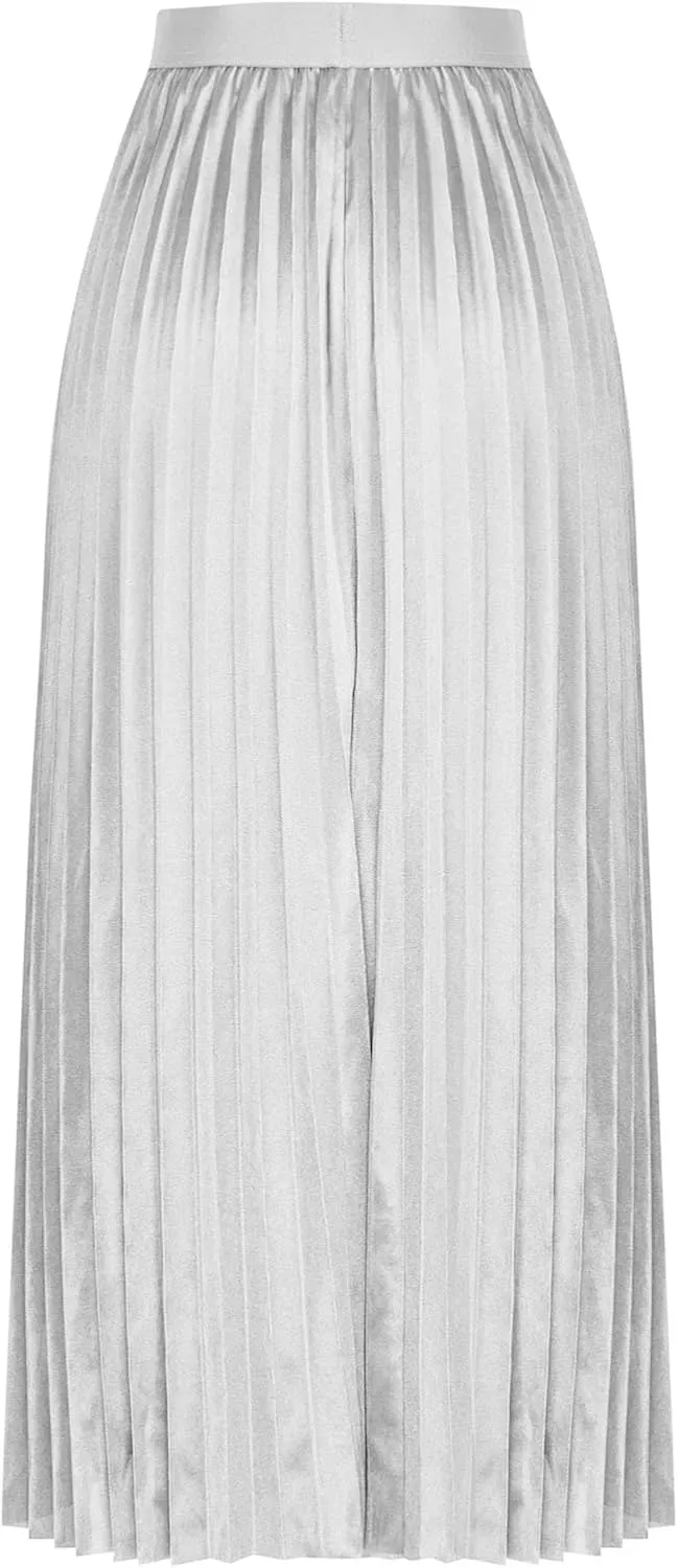 Women's Satin Pleated Skirt Elastic Waist Solid Color Maxi Skirts Plus Size Loose Elegant Long Skirt Casual Skirt