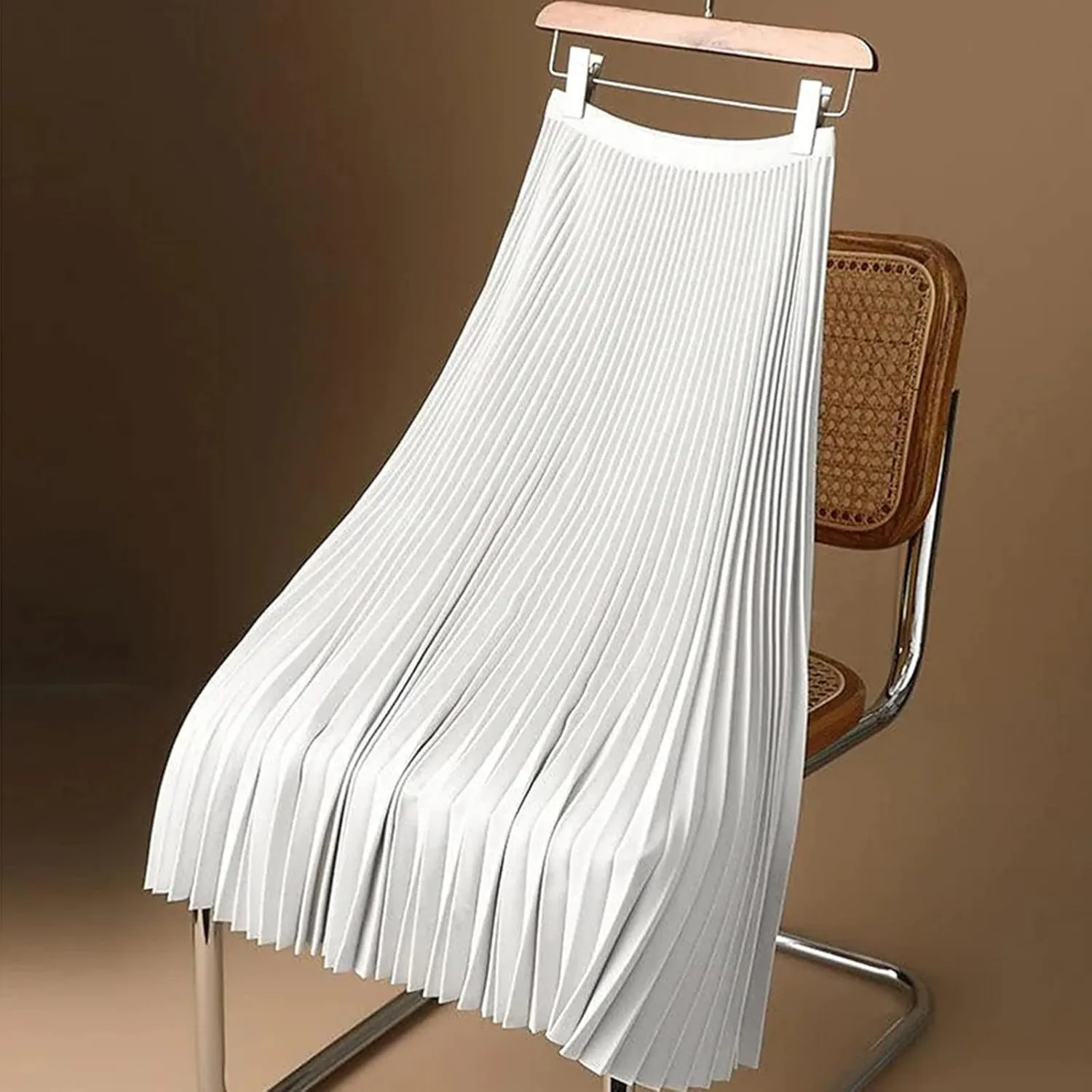 Women's Satin Pleated Skirt Elastic Waist Solid Color Maxi Skirts Plus Size Loose Elegant Long Skirt Casual Skirt