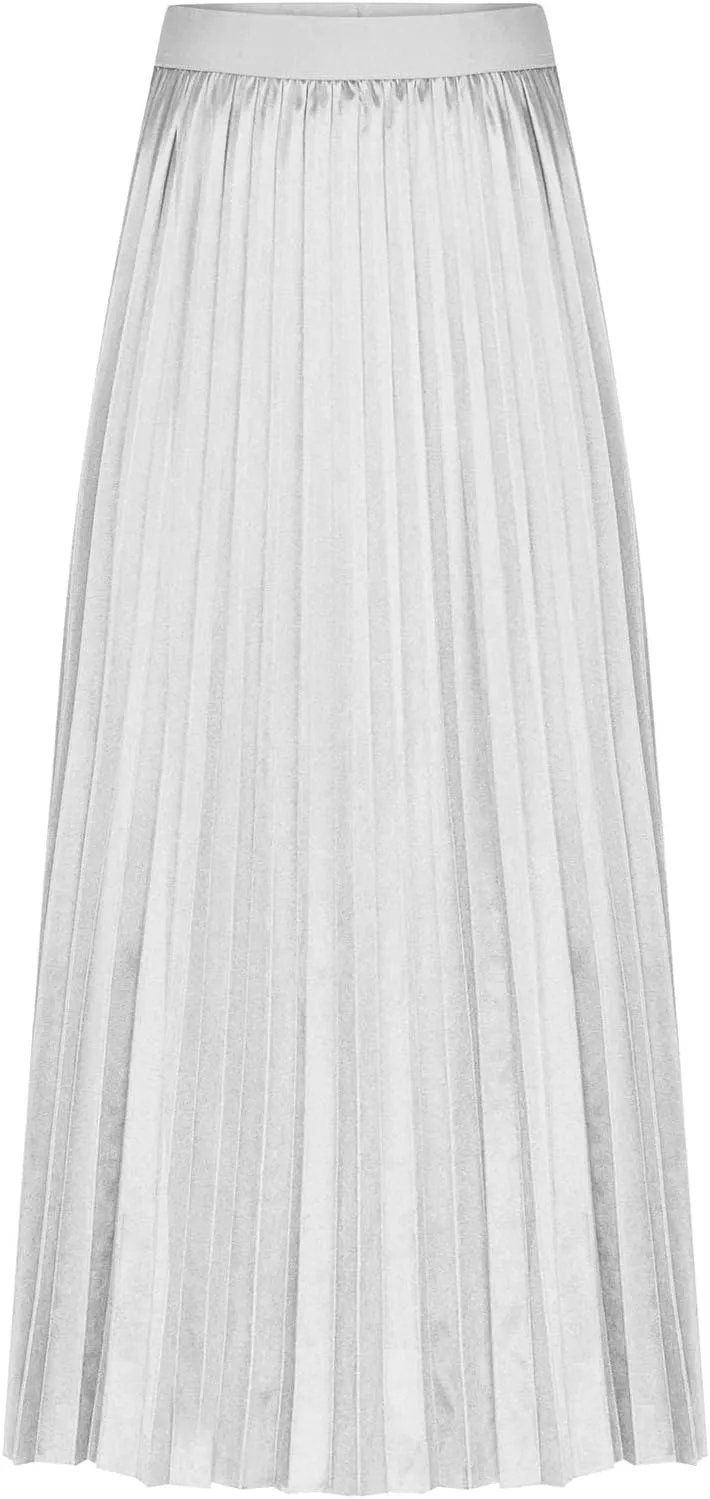 Women's Satin Pleated Skirt Elastic Waist Solid Color Maxi Skirts Plus Size Loose Elegant Long Skirt Casual Skirt
