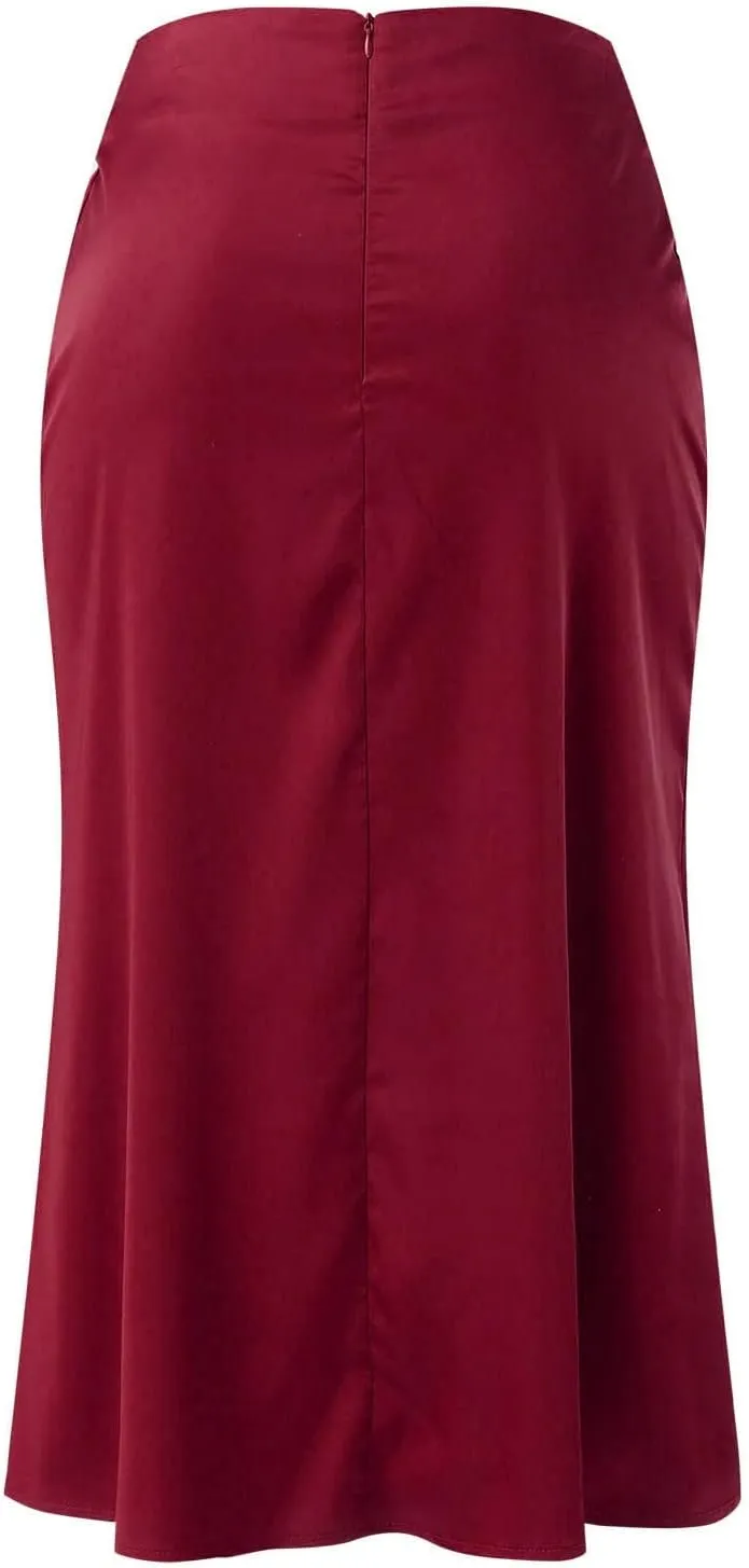 Womens Satin Skirts Casual Silk Midi Skirt High Waisted Flared A-line Long Skirts Zipper Elegant Work Skirts