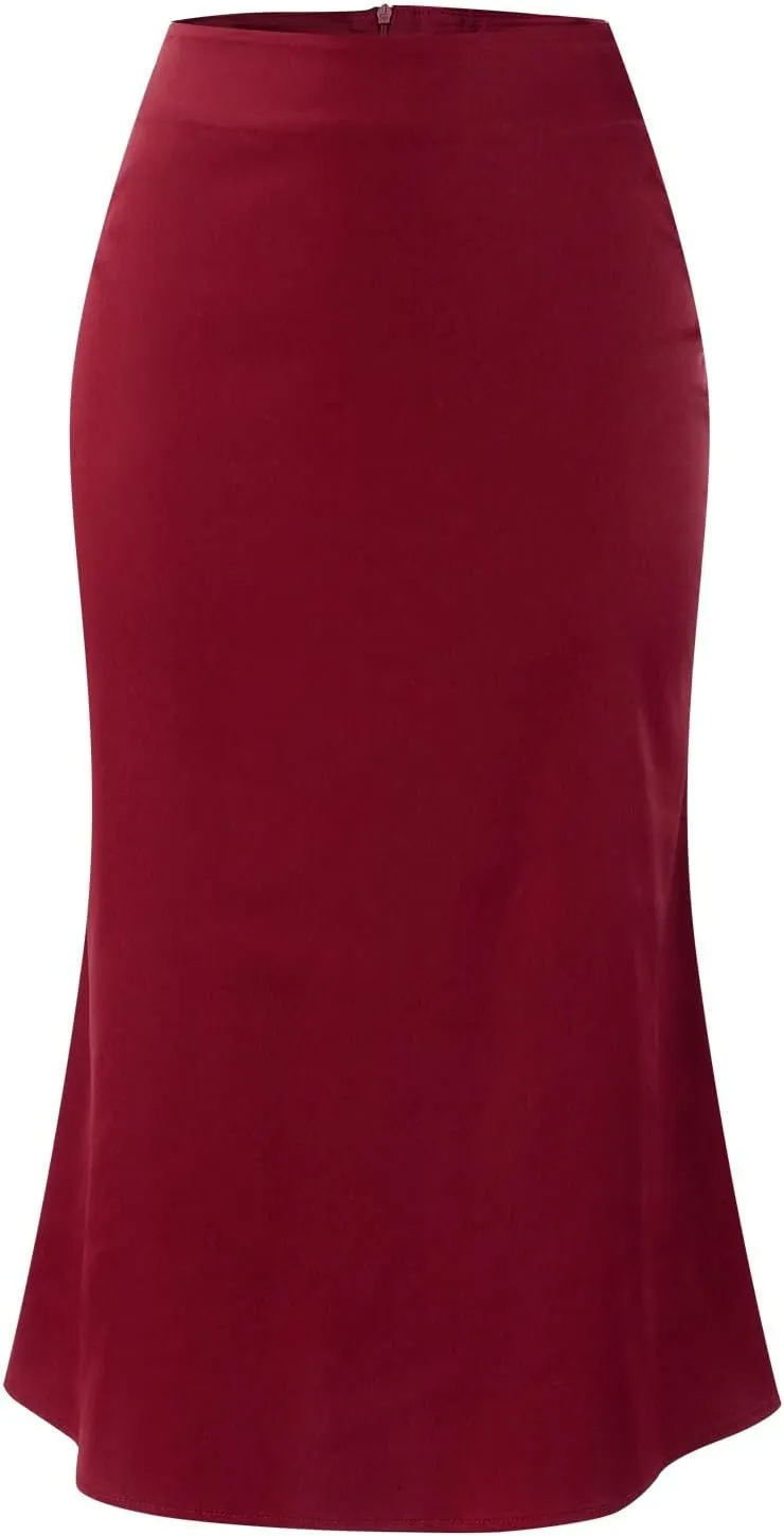Womens Satin Skirts Casual Silk Midi Skirt High Waisted Flared A-line Long Skirts Zipper Elegant Work Skirts