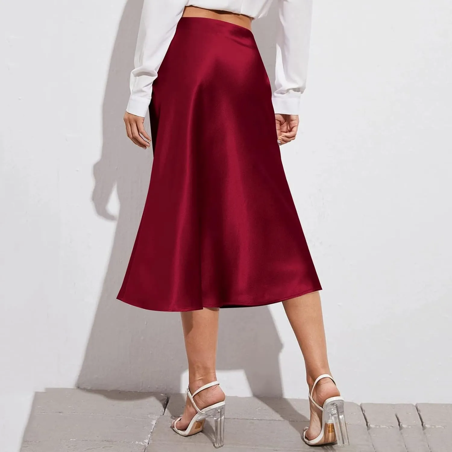 Womens Satin Skirts Casual Silk Midi Skirt High Waisted Flared A-line Long Skirts Zipper Elegant Work Skirts