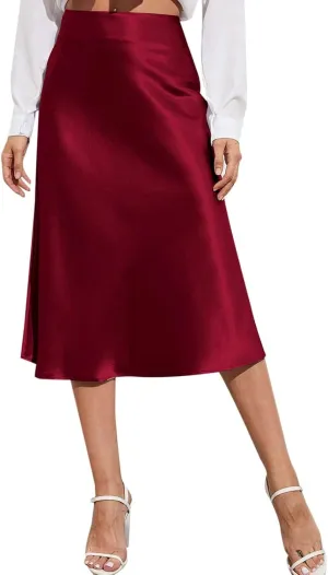 Womens Satin Skirts Casual Silk Midi Skirt High Waisted Flared A-line Long Skirts Zipper Elegant Work Skirts