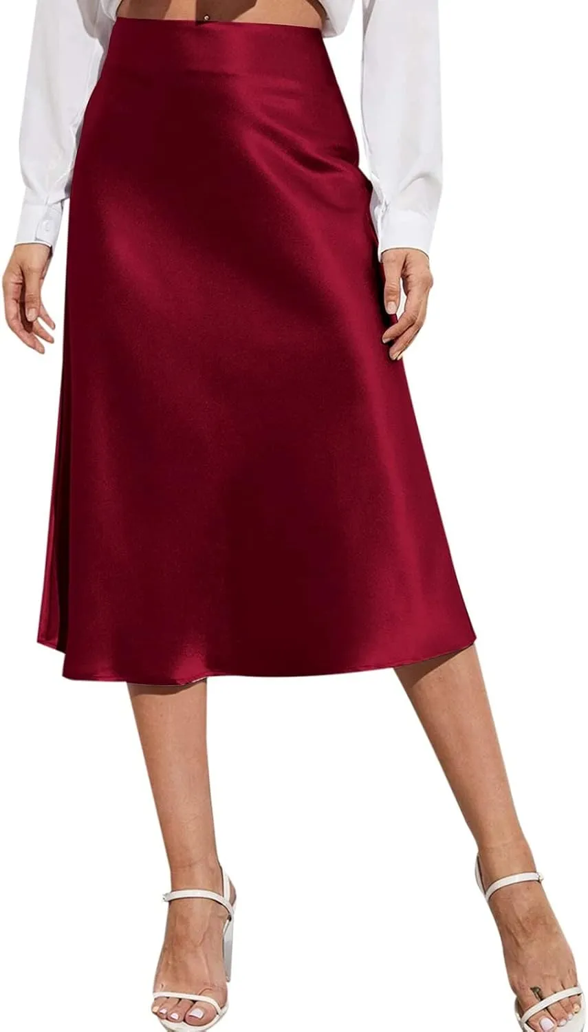 Womens Satin Skirts Casual Silk Midi Skirt High Waisted Flared A-line Long Skirts Zipper Elegant Work Skirts
