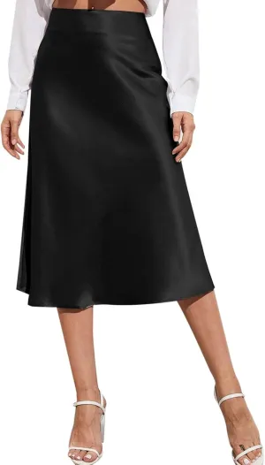 Womens Satin Skirts Casual Silk Midi Skirt High Waisted Flared A-line Long Skirts Zipper Elegant Work Skirts