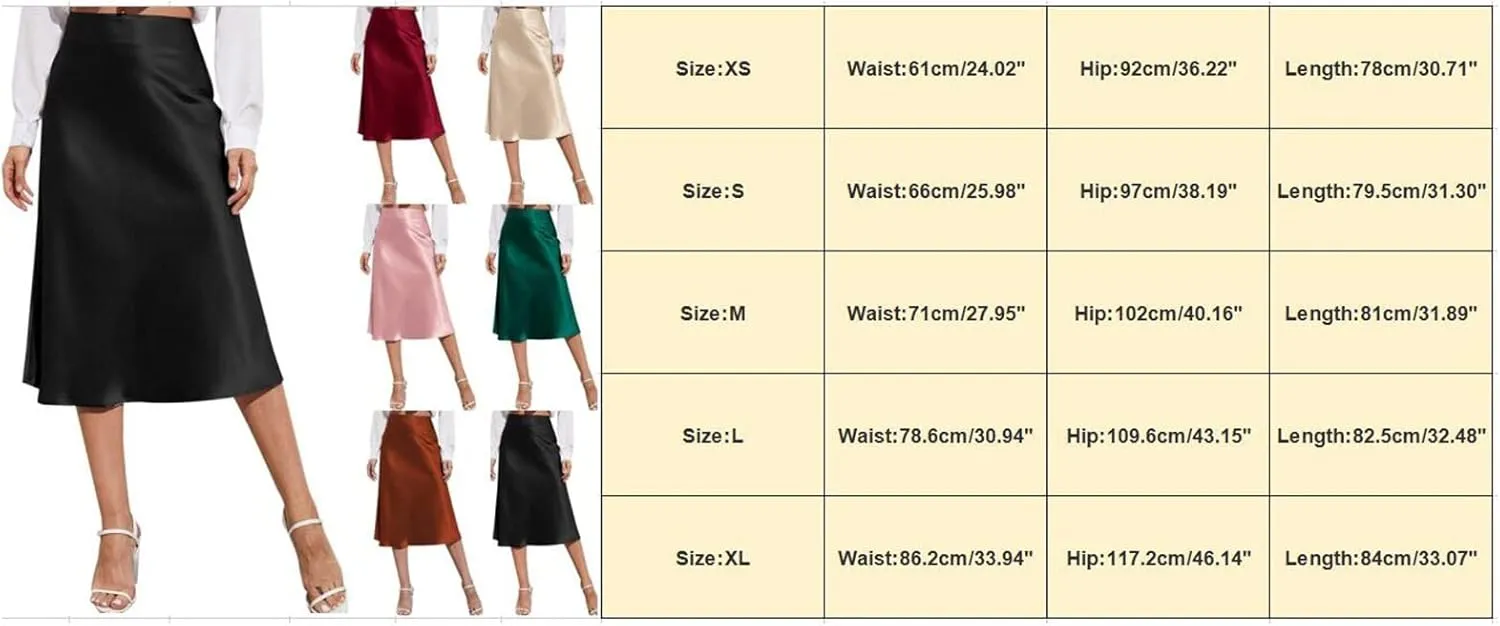 Womens Satin Skirts Casual Silk Midi Skirt High Waisted Flared A-line Long Skirts Zipper Elegant Work Skirts