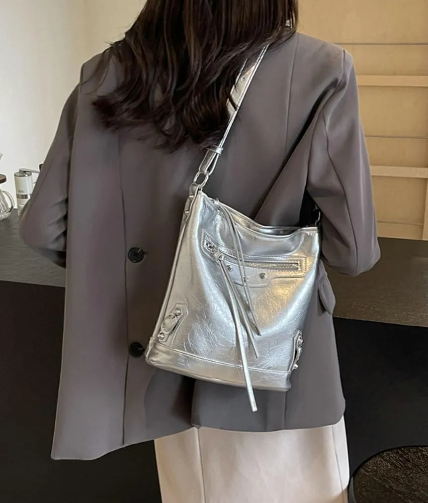 Womens Shoulder Crossbody Bag Vegan Leather Purse Y2k Large Bucket Handbag Zipper Tote Top Handle Satchel
