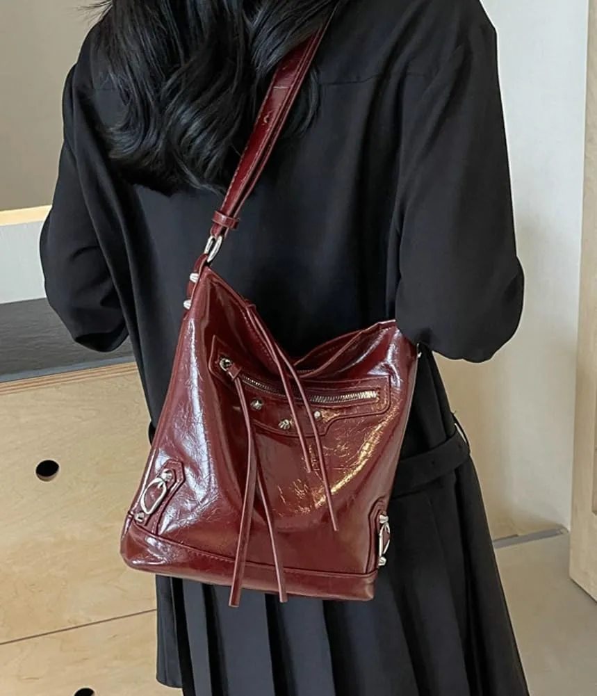 Womens Shoulder Crossbody Bag Vegan Leather Purse Y2k Large Bucket Handbag Zipper Tote Top Handle Satchel