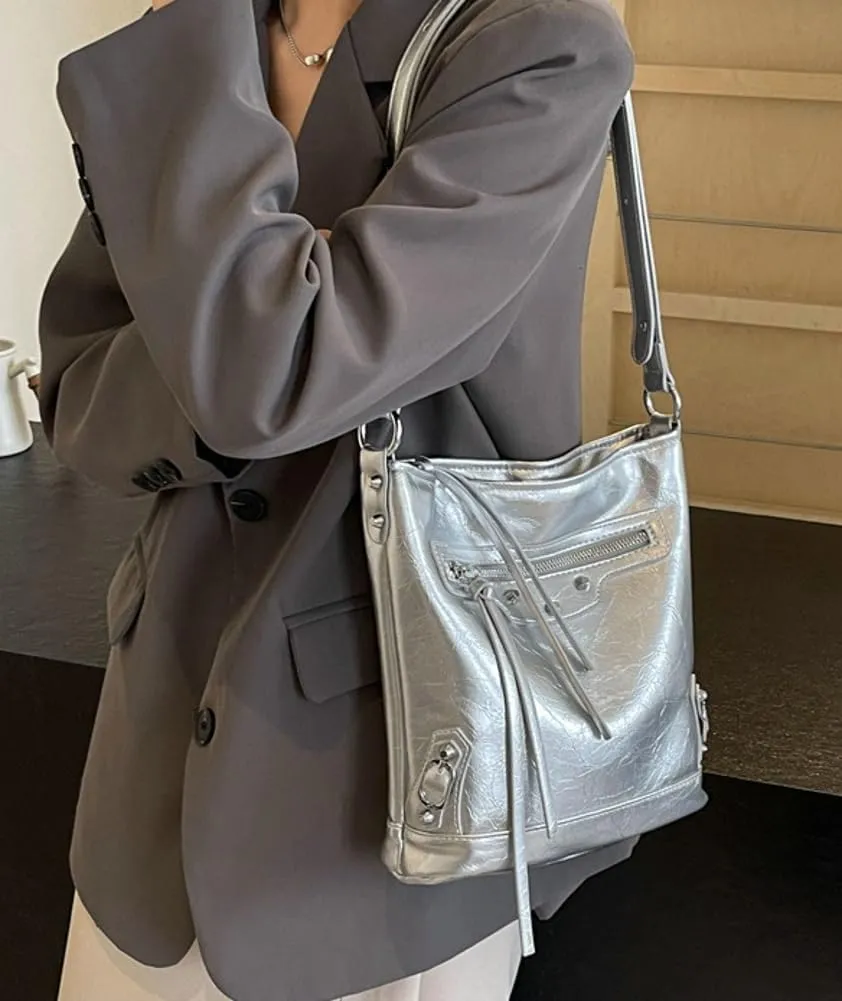 Womens Shoulder Crossbody Bag Vegan Leather Purse Y2k Large Bucket Handbag Zipper Tote Top Handle Satchel