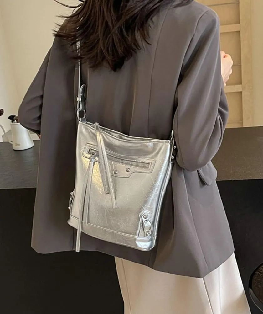Womens Shoulder Crossbody Bag Vegan Leather Purse Y2k Large Bucket Handbag Zipper Tote Top Handle Satchel