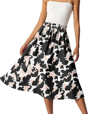 Womens Skirts Midi Length Flowy Summer Drawstring Elastic High Waist Knee Skirt A Line Floral Pleated Skirts