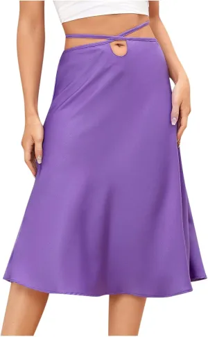 Womens Skirts Midi Length Sexy Lace up Navel Zipper Skirt Hip-Wrapped A-Line Swing Skirts Solid Color Silk Skirt