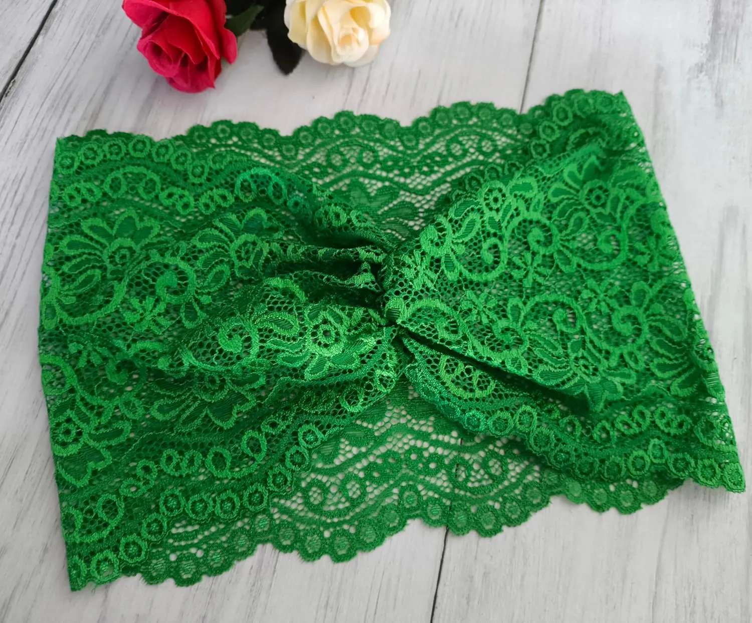 Women's Stretch Wide Turban Lace Headbands - Yoga Headwraps (Green, One Size)