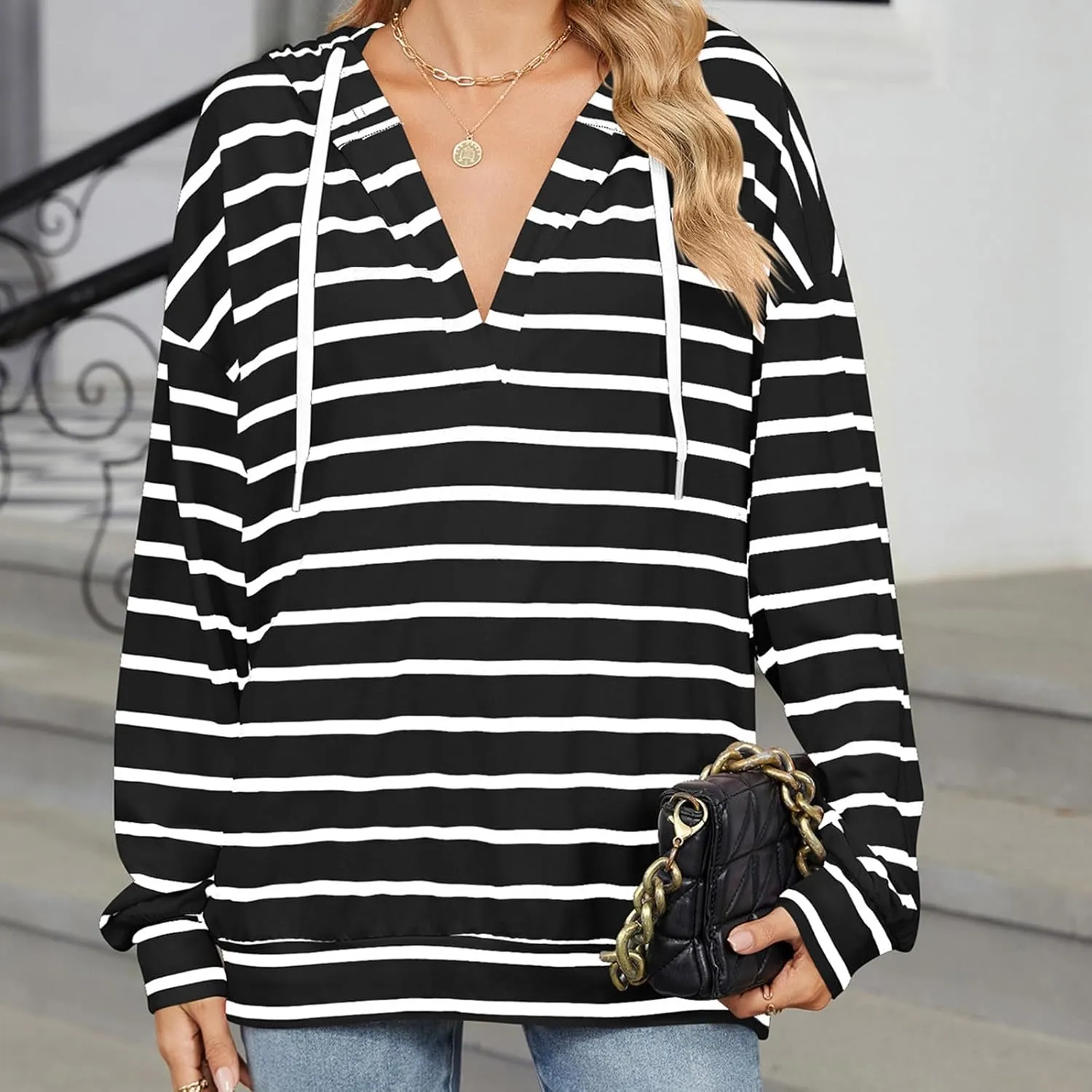 Women's Striped Hoodies V Neck Casual Casual Sweatshirts Long Sleeve Fall Tops Comfy Drawstring Pullover Sweatshirt