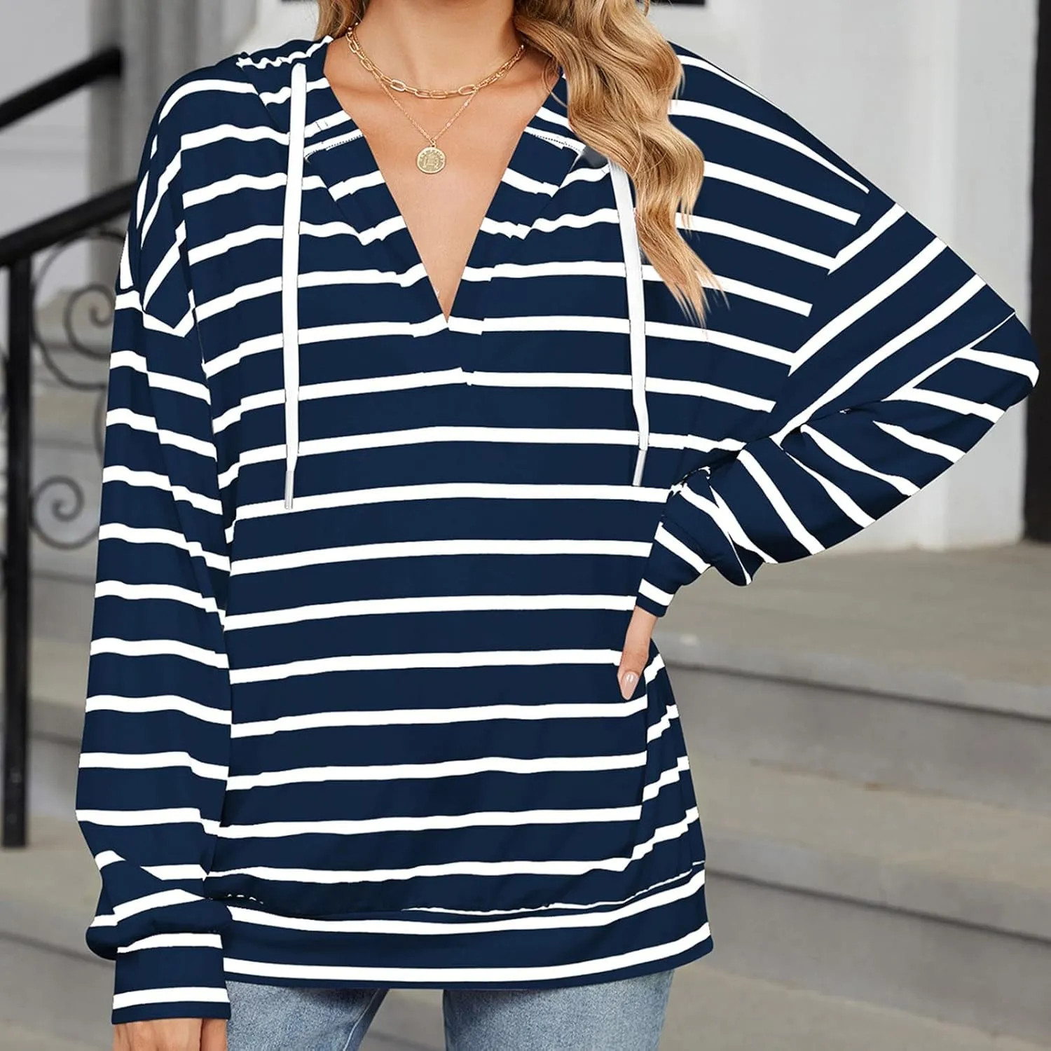 Women's Striped Hoodies V Neck Casual Casual Sweatshirts Long Sleeve Fall Tops Comfy Drawstring Pullover Sweatshirt