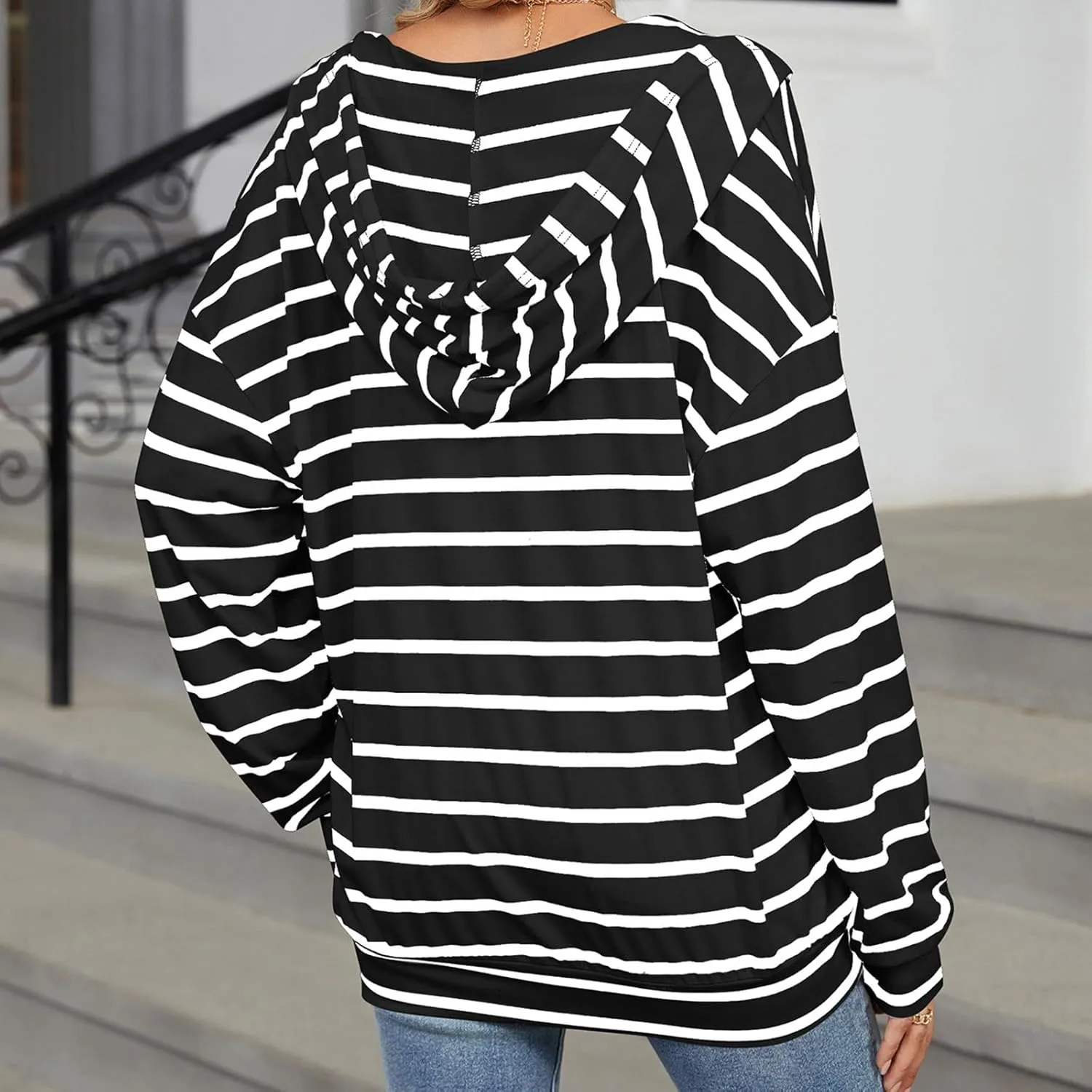 Women's Striped Hoodies V Neck Casual Casual Sweatshirts Long Sleeve Fall Tops Comfy Drawstring Pullover Sweatshirt