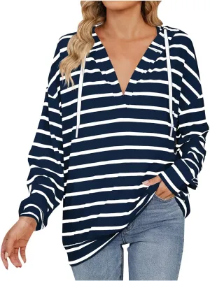 Women's Striped Hoodies V Neck Casual Casual Sweatshirts Long Sleeve Fall Tops Comfy Drawstring Pullover Sweatshirt