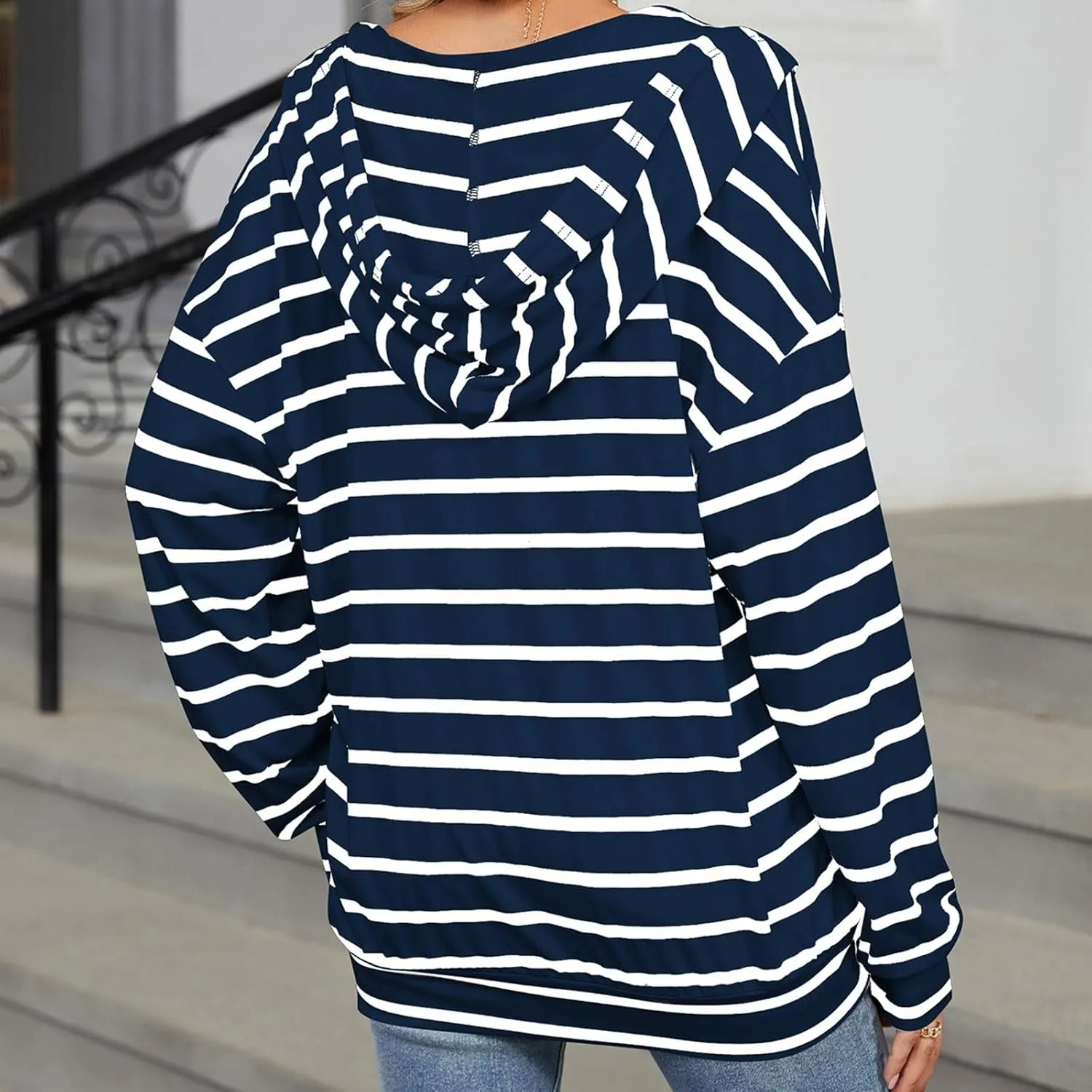Women's Striped Hoodies V Neck Casual Casual Sweatshirts Long Sleeve Fall Tops Comfy Drawstring Pullover Sweatshirt