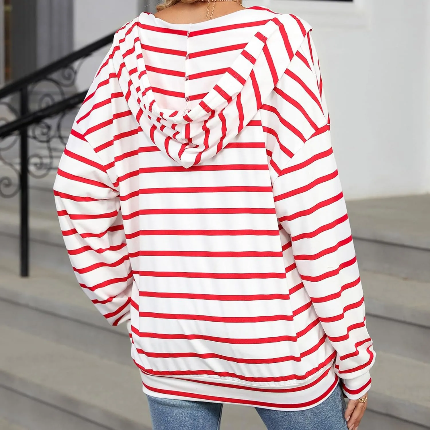 Women's Striped Hoodies V Neck Casual Casual Sweatshirts Long Sleeve Fall Tops Comfy Drawstring Pullover Sweatshirt