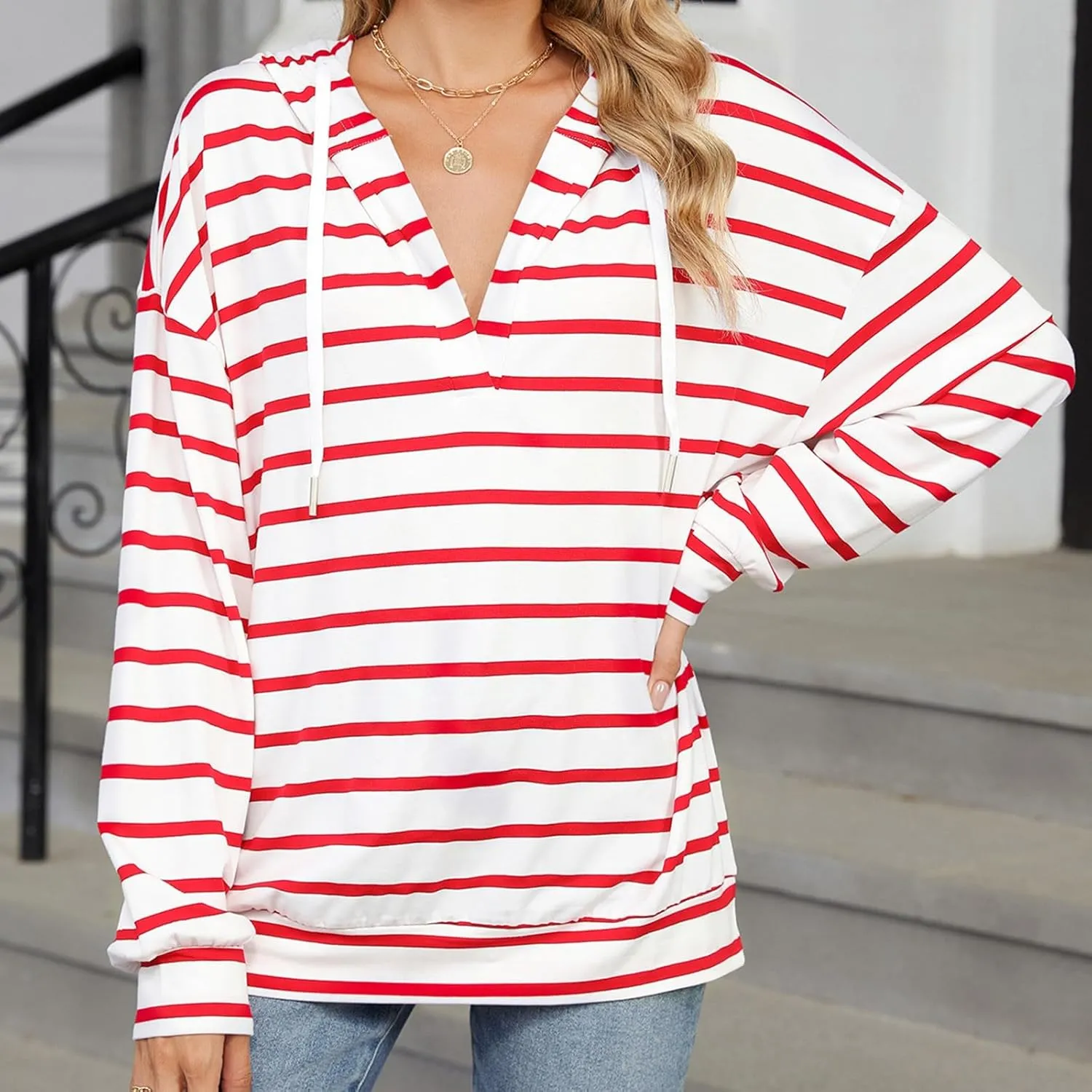 Women's Striped Hoodies V Neck Casual Casual Sweatshirts Long Sleeve Fall Tops Comfy Drawstring Pullover Sweatshirt