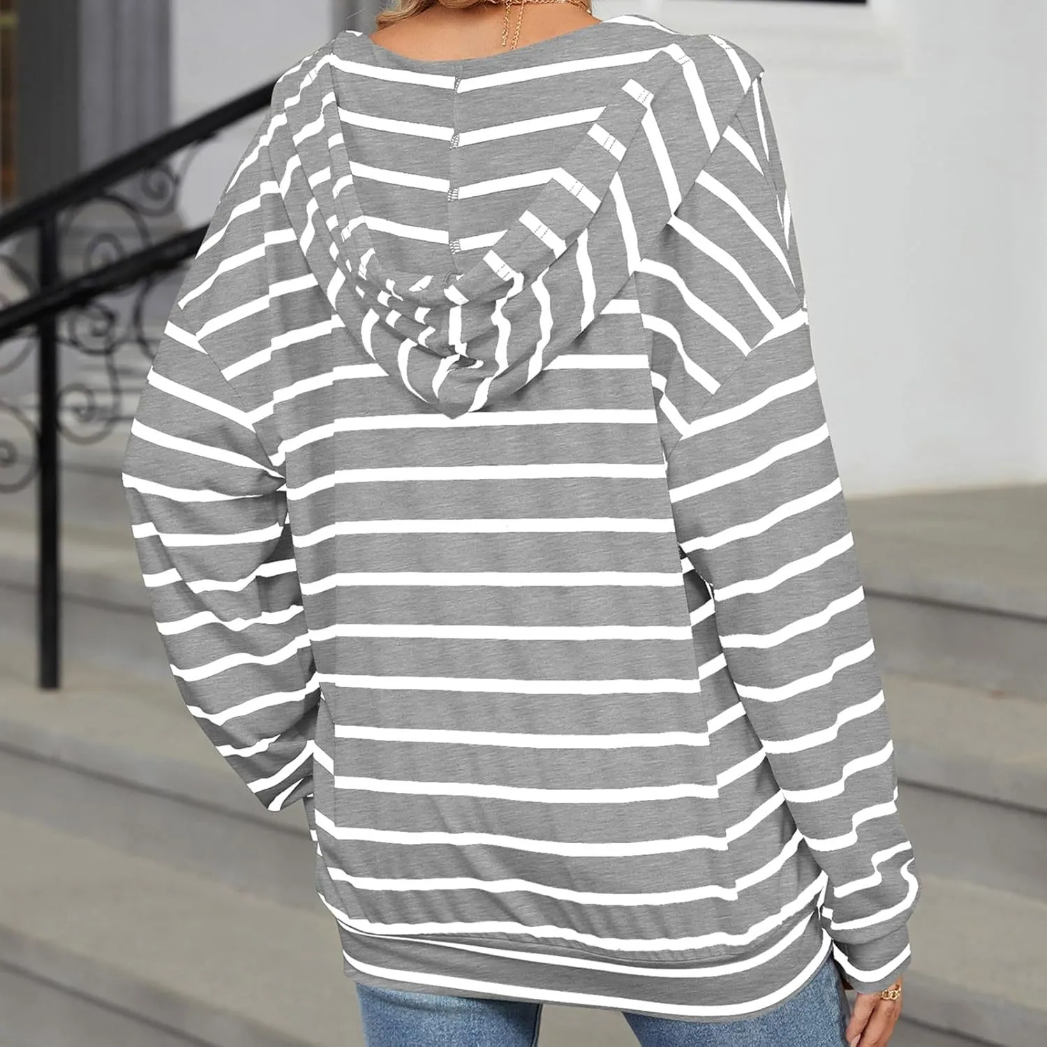 Women's Striped Hoodies V Neck Casual Casual Sweatshirts Long Sleeve Fall Tops Comfy Drawstring Pullover Sweatshirt