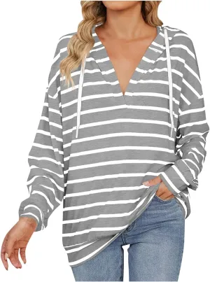 Women's Striped Hoodies V Neck Casual Casual Sweatshirts Long Sleeve Fall Tops Comfy Drawstring Pullover Sweatshirt