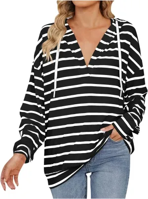 Women's Striped Hoodies V Neck Casual Casual Sweatshirts Long Sleeve Fall Tops Comfy Drawstring Pullover Sweatshirt