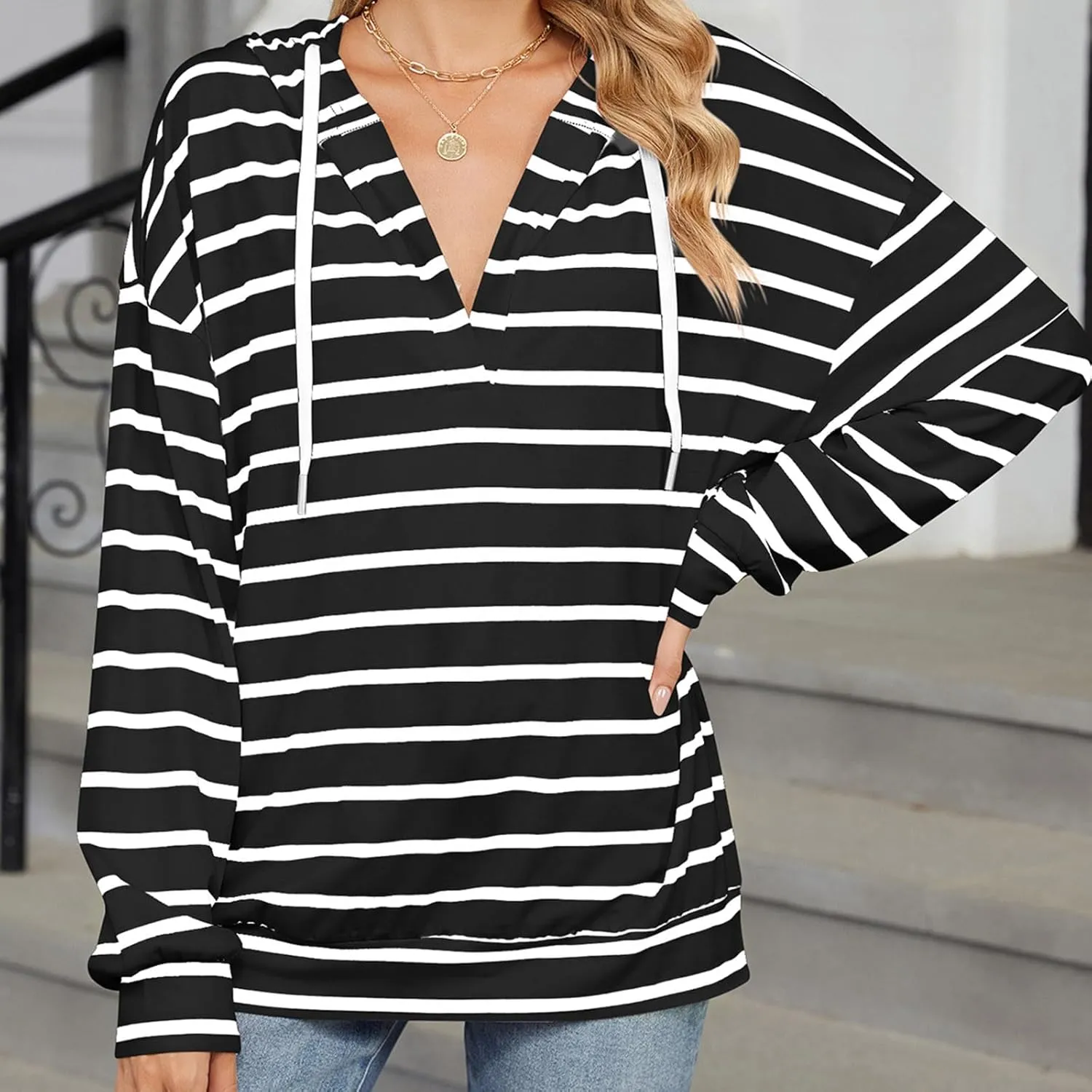 Women's Striped Hoodies V Neck Casual Casual Sweatshirts Long Sleeve Fall Tops Comfy Drawstring Pullover Sweatshirt