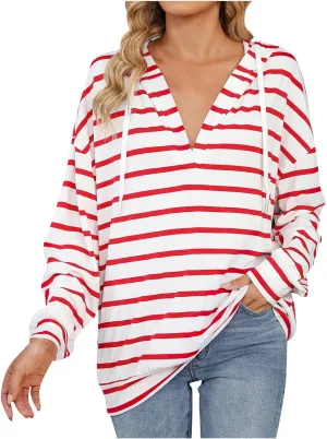 Women's Striped Hoodies V Neck Casual Casual Sweatshirts Long Sleeve Fall Tops Comfy Drawstring Pullover Sweatshirt