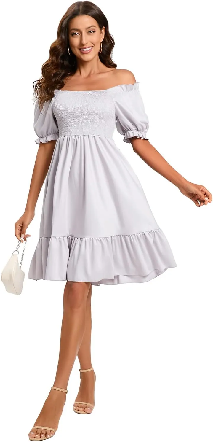 Women's Summer Dresses Square Neck Long Puff Sleeve Flowy A Line Casual Shirred Ruffle Mini Dresses