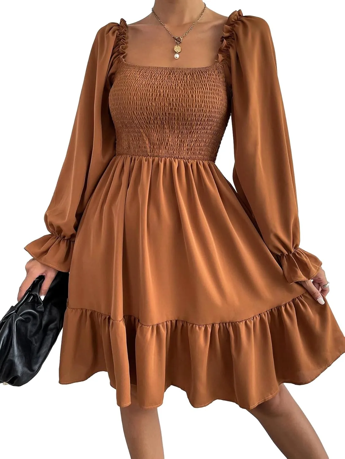 Women's Summer Dresses Square Neck Long Puff Sleeve Flowy A Line Casual Shirred Ruffle Mini Dresses