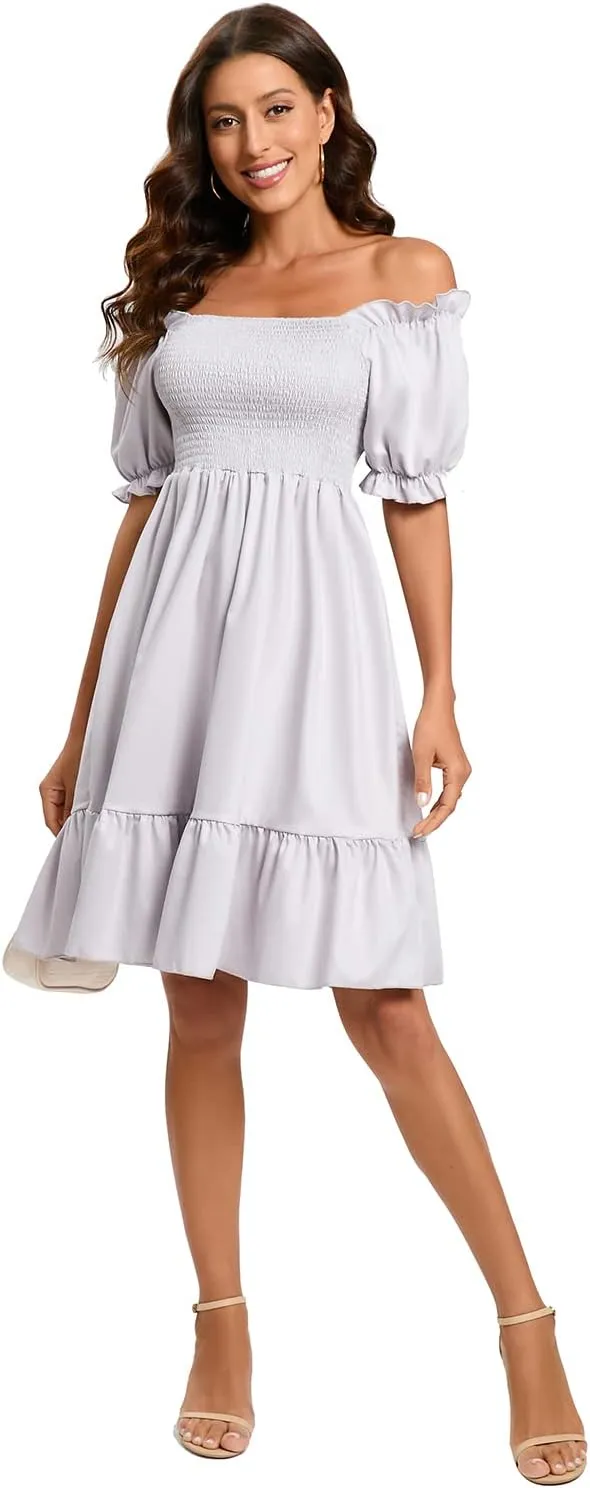 Women's Summer Dresses Square Neck Long Puff Sleeve Flowy A Line Casual Shirred Ruffle Mini Dresses