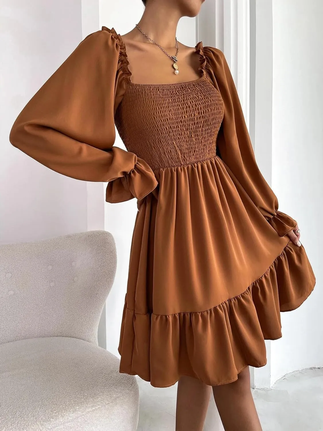 Women's Summer Dresses Square Neck Long Puff Sleeve Flowy A Line Casual Shirred Ruffle Mini Dresses