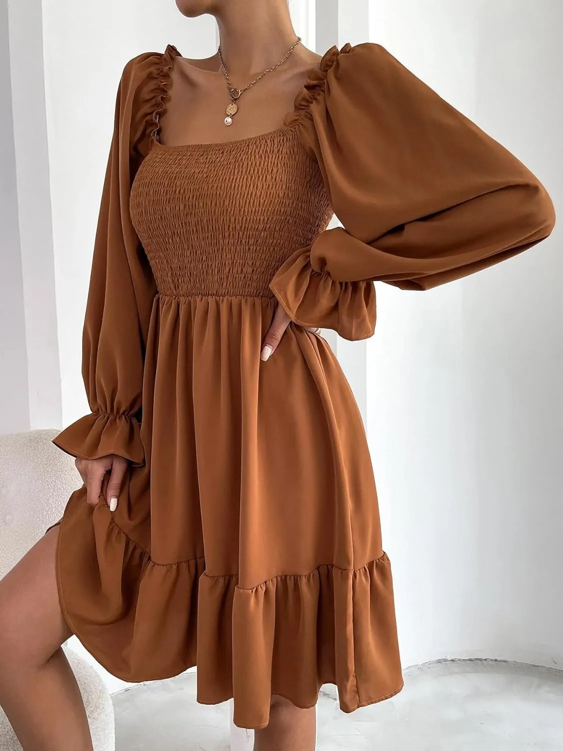 Women's Summer Dresses Square Neck Long Puff Sleeve Flowy A Line Casual Shirred Ruffle Mini Dresses