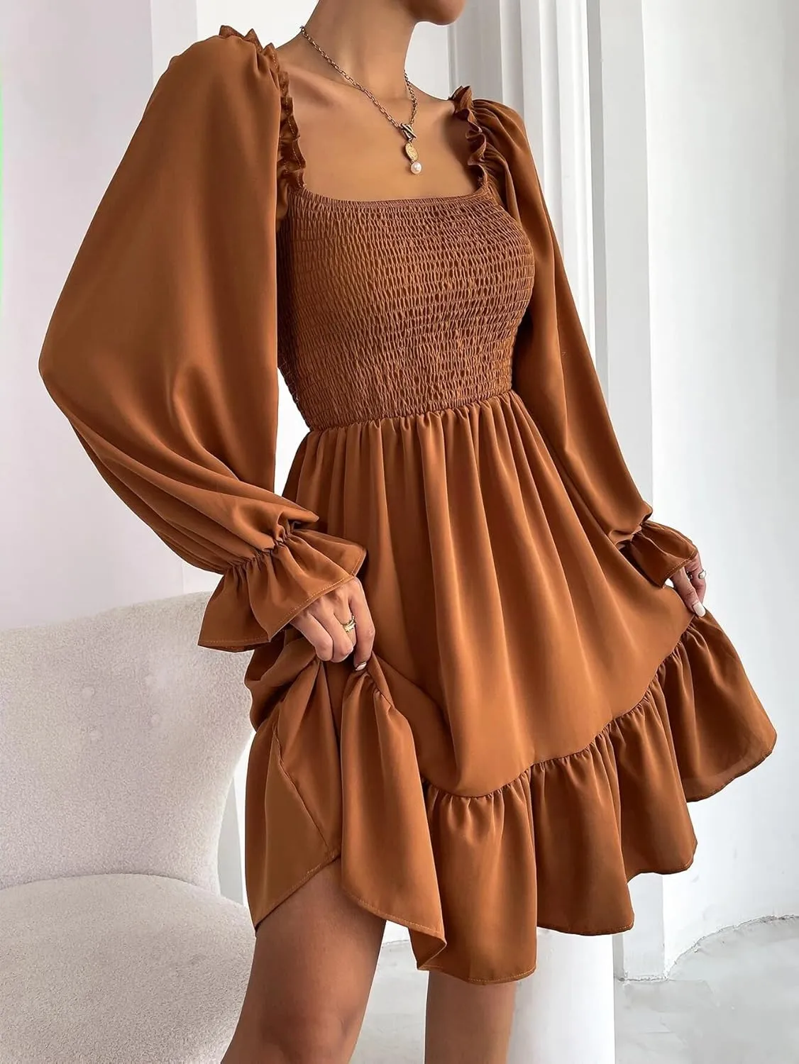 Women's Summer Dresses Square Neck Long Puff Sleeve Flowy A Line Casual Shirred Ruffle Mini Dresses