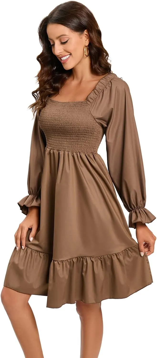 Women's Summer Dresses Square Neck Long Puff Sleeve Flowy A Line Casual Shirred Ruffle Mini Dresses
