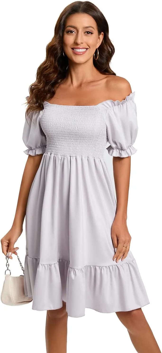 Women's Summer Dresses Square Neck Long Puff Sleeve Flowy A Line Casual Shirred Ruffle Mini Dresses