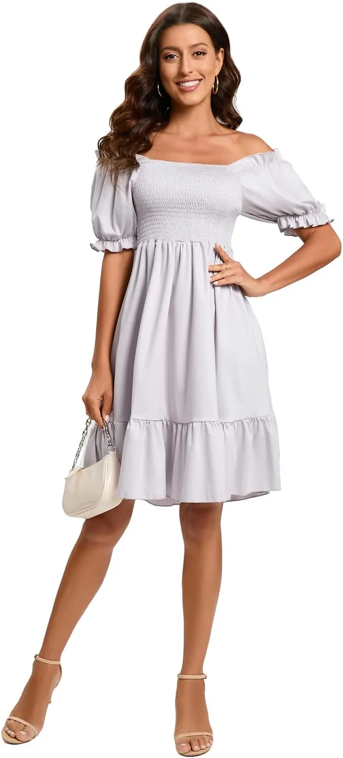 Women's Summer Dresses Square Neck Long Puff Sleeve Flowy A Line Casual Shirred Ruffle Mini Dresses