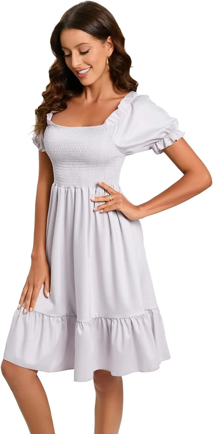 Women's Summer Dresses Square Neck Long Puff Sleeve Flowy A Line Casual Shirred Ruffle Mini Dresses