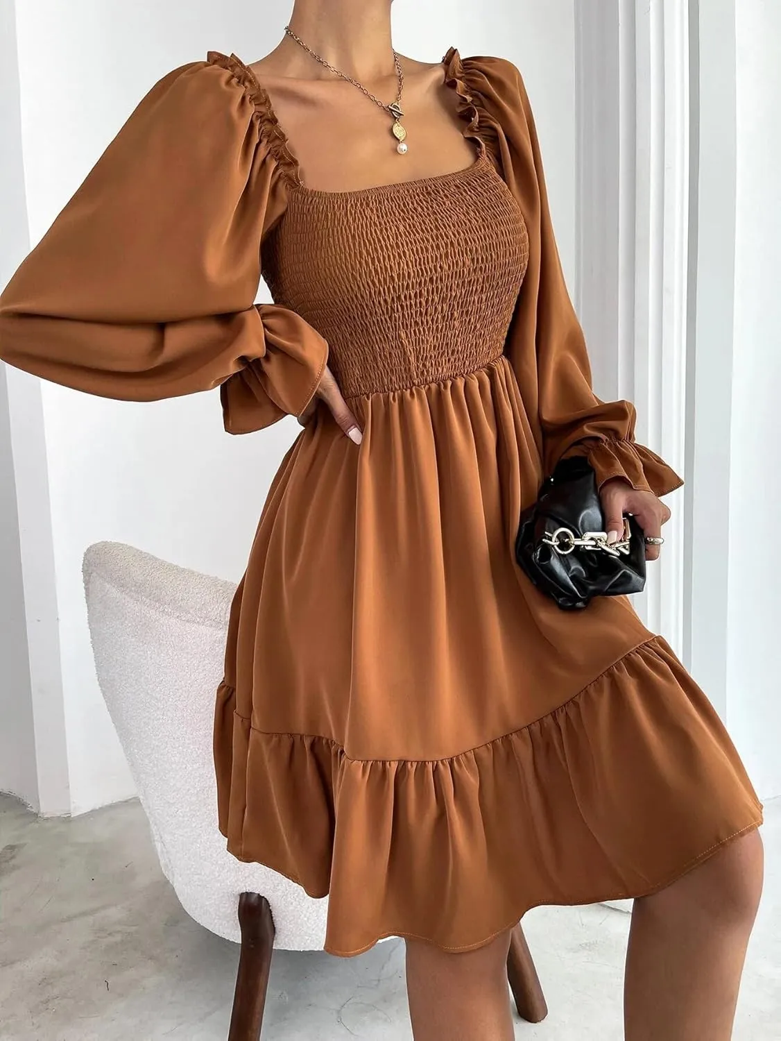 Women's Summer Dresses Square Neck Long Puff Sleeve Flowy A Line Casual Shirred Ruffle Mini Dresses