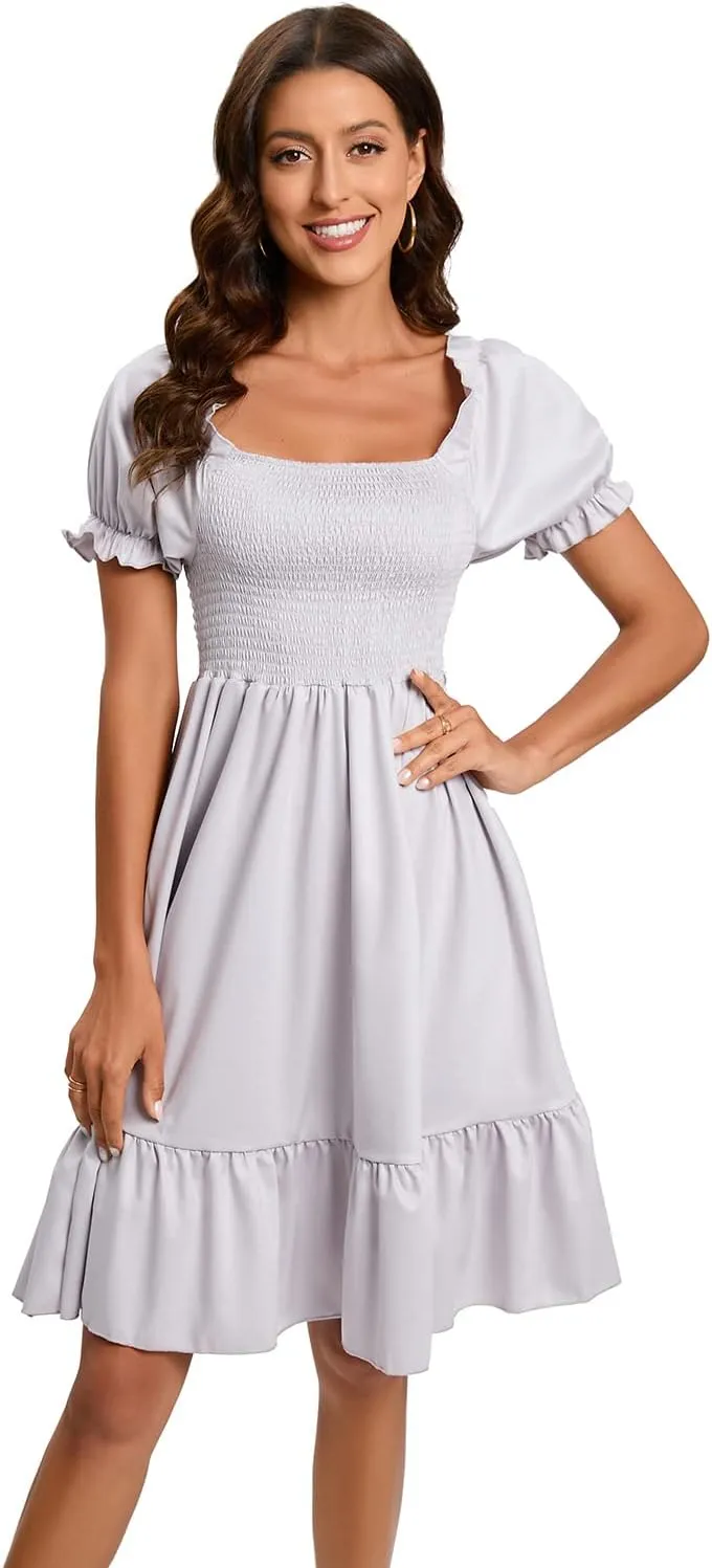 Women's Summer Dresses Square Neck Long Puff Sleeve Flowy A Line Casual Shirred Ruffle Mini Dresses