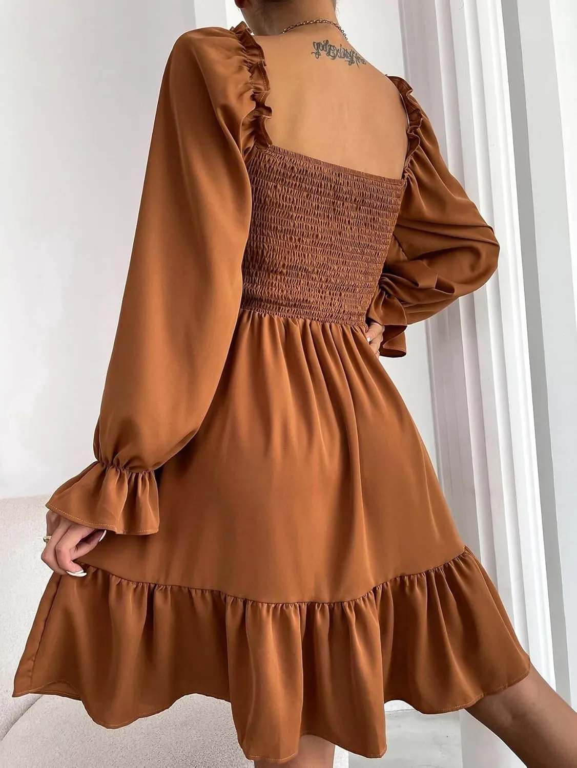 Women's Summer Dresses Square Neck Long Puff Sleeve Flowy A Line Casual Shirred Ruffle Mini Dresses