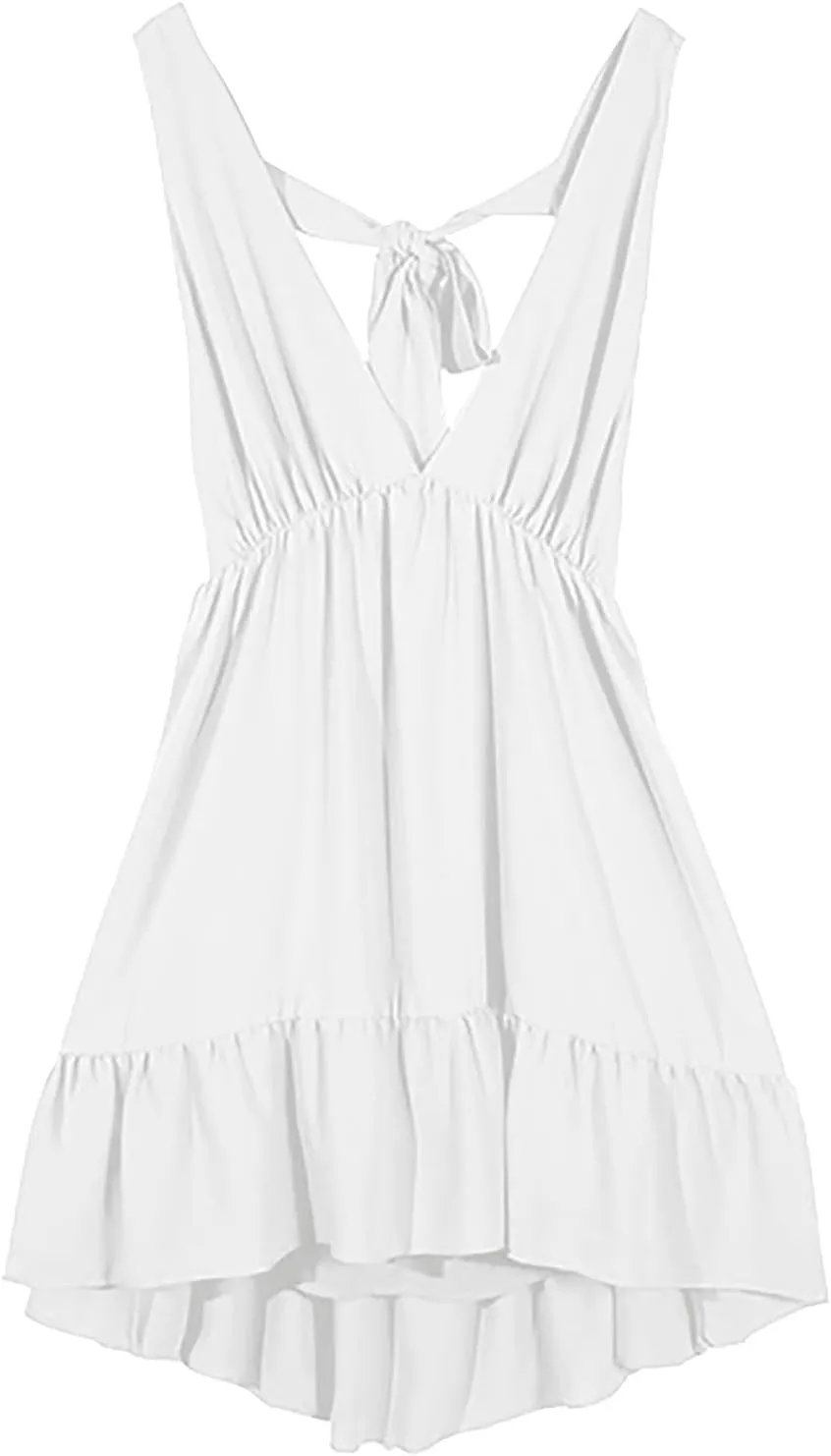 Womens Summer Mini Dress Loose Ruffle Deep V-Neck Sleeveless Backless Strap Pleated Short Tank Casual Sundress