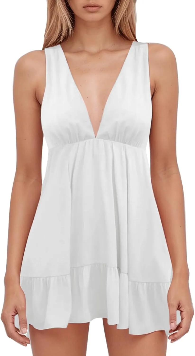 Womens Summer Mini Dress Loose Ruffle Deep V-Neck Sleeveless Backless Strap Pleated Short Tank Casual Sundress